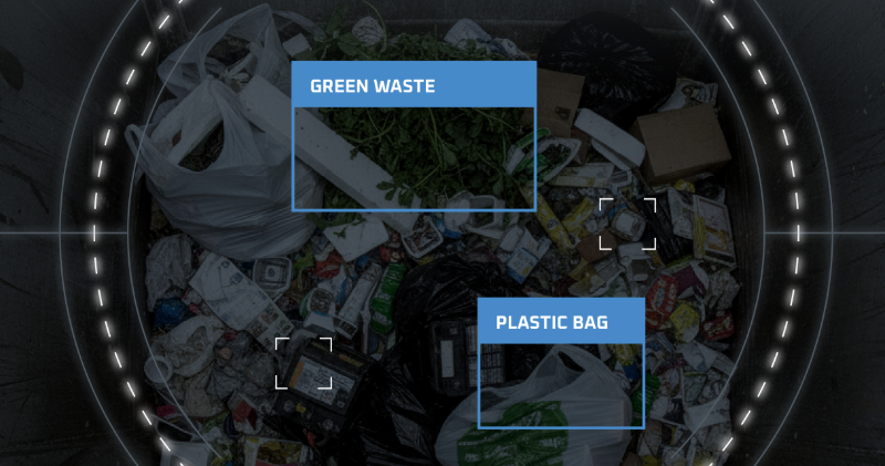 AI technology identifies green waste and plastic bags in a waste collection hopper to reduce contamination.