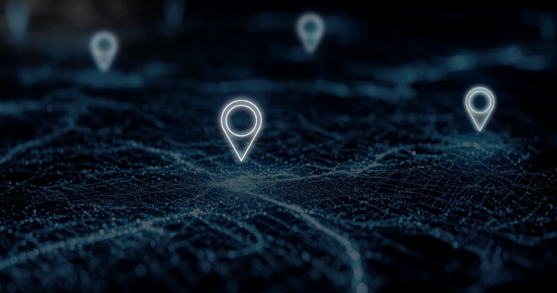 Digital map with glowing location pins illustrating AI-powered material contamination tracking and data analytics.