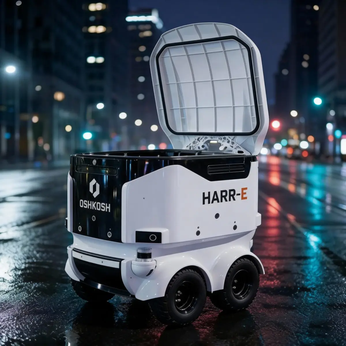 An electric Oshkosh HARR-E autonomous refuse and recycling robot with its lid open, on a wet city street at night.
