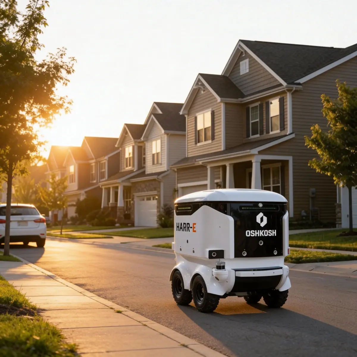 An autonomous HARR-E refuse robot by Oshkosh navigates a suburban street during sunset.